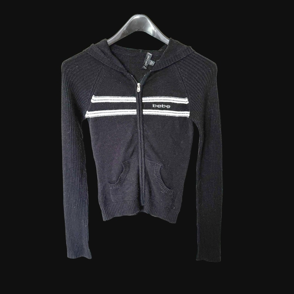 Y2K Bebe Black Zip Up Hoodie Sweater White Stripe Ribbed Knit Small